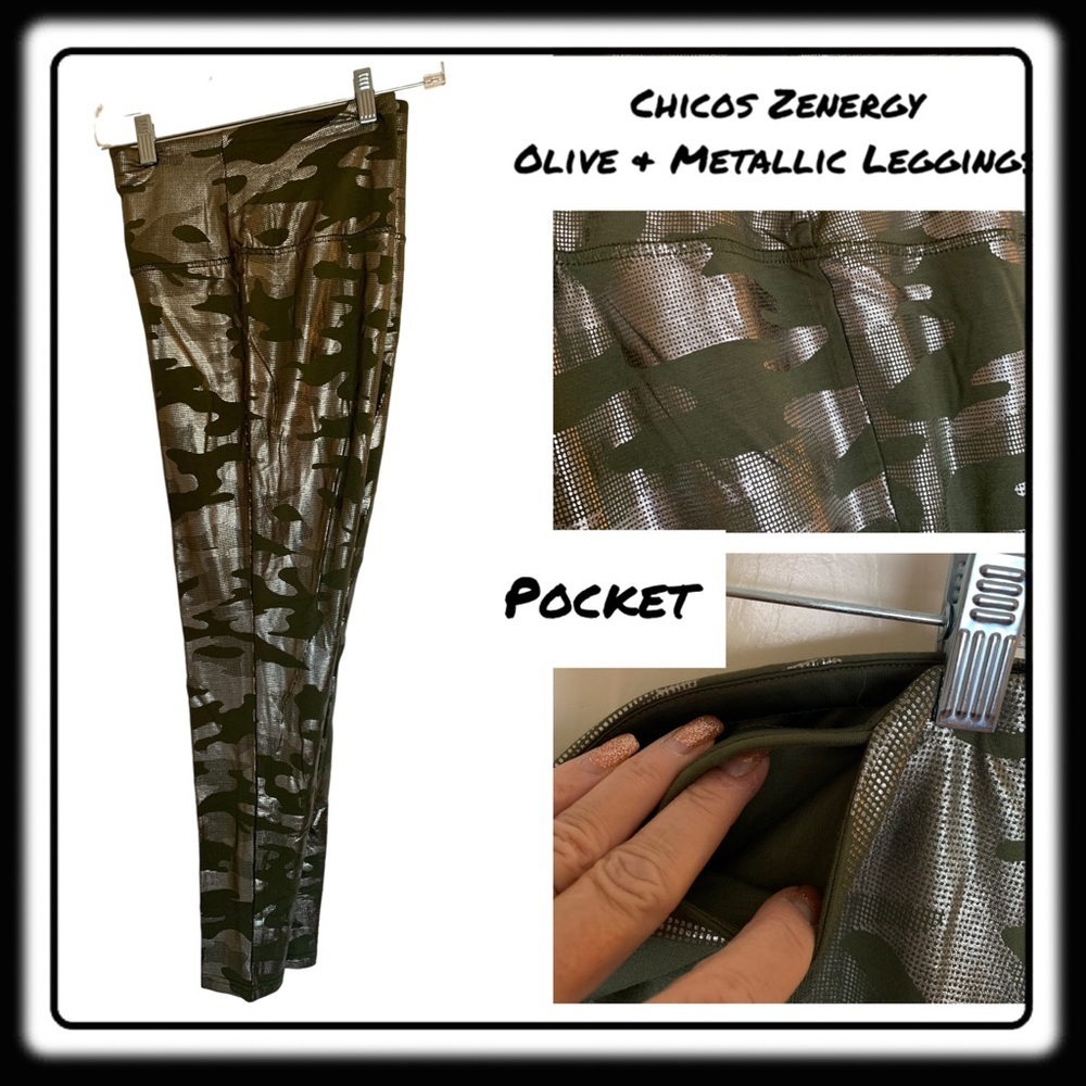 Chico’s Zenergy olive & metallic camo leggings. Chicos Size 2 (equiv sz 12-14)